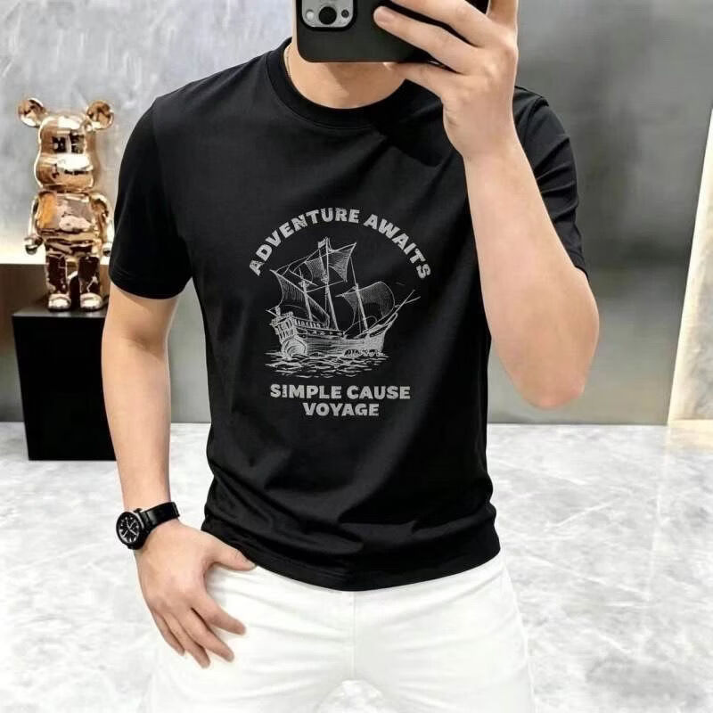 【两件装】男士短袖t恤2026新款夏季美式复古帆船印花半袖zj 蓝色+黑色 3XL 适合180-200斤