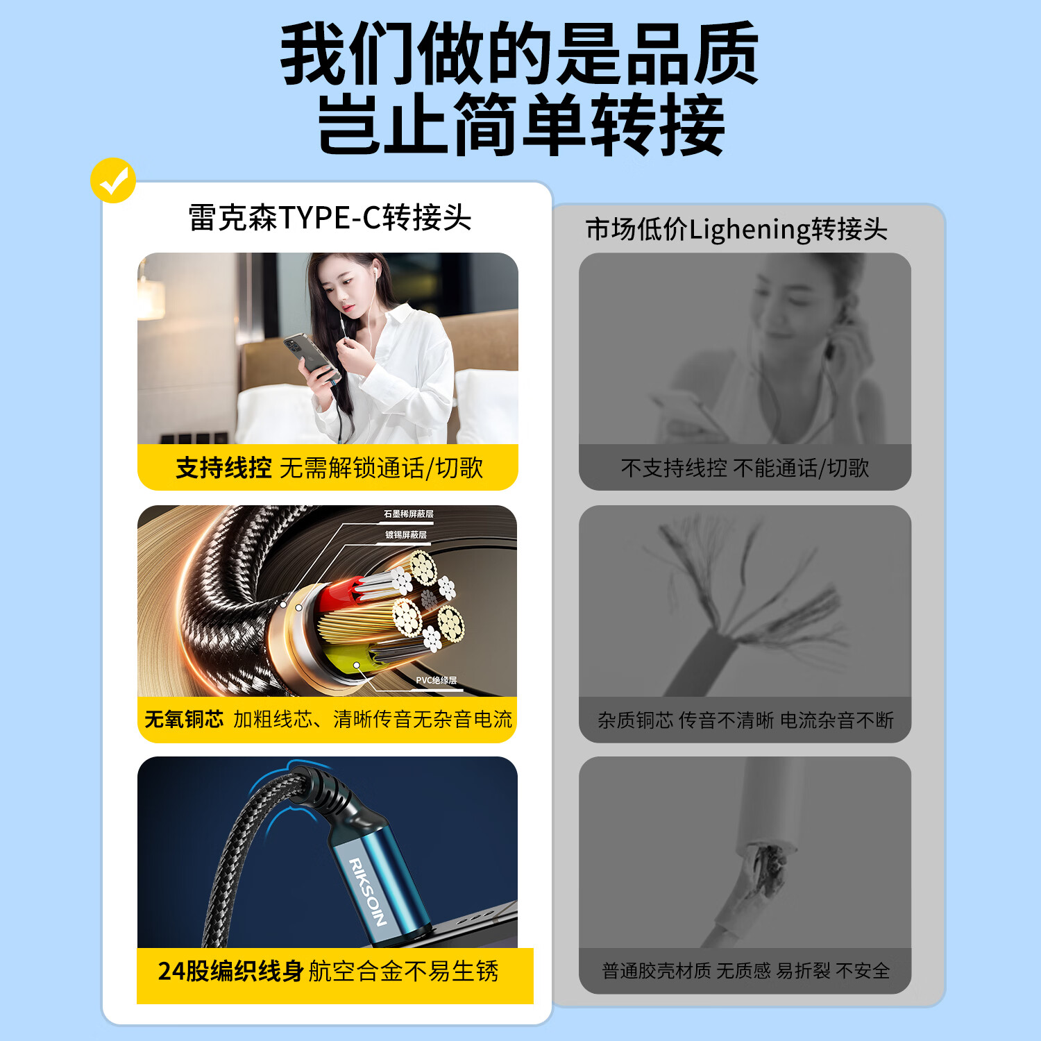 雷克森Type-c转接头AUX音频线无损音质适用于华为荣耀vivo手机电脑转接3.5mm圆孔音响有线耳机声卡转换器 升级款-DAC解码芯片-HiFi音质 0.12米【黑蓝色】