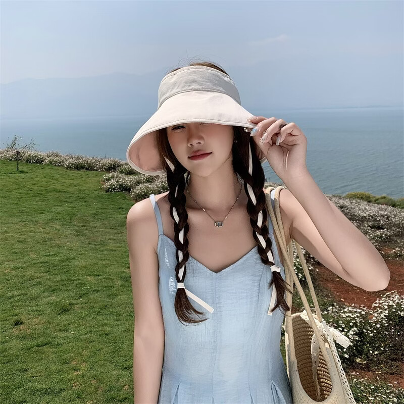 有只绵夏新款帽女显脸小户外防晒遮阳帽韩版百搭遮脸双面太阳帽子 卡其色 穿绳双面空顶 头围56-58cm-帽檐长12CM