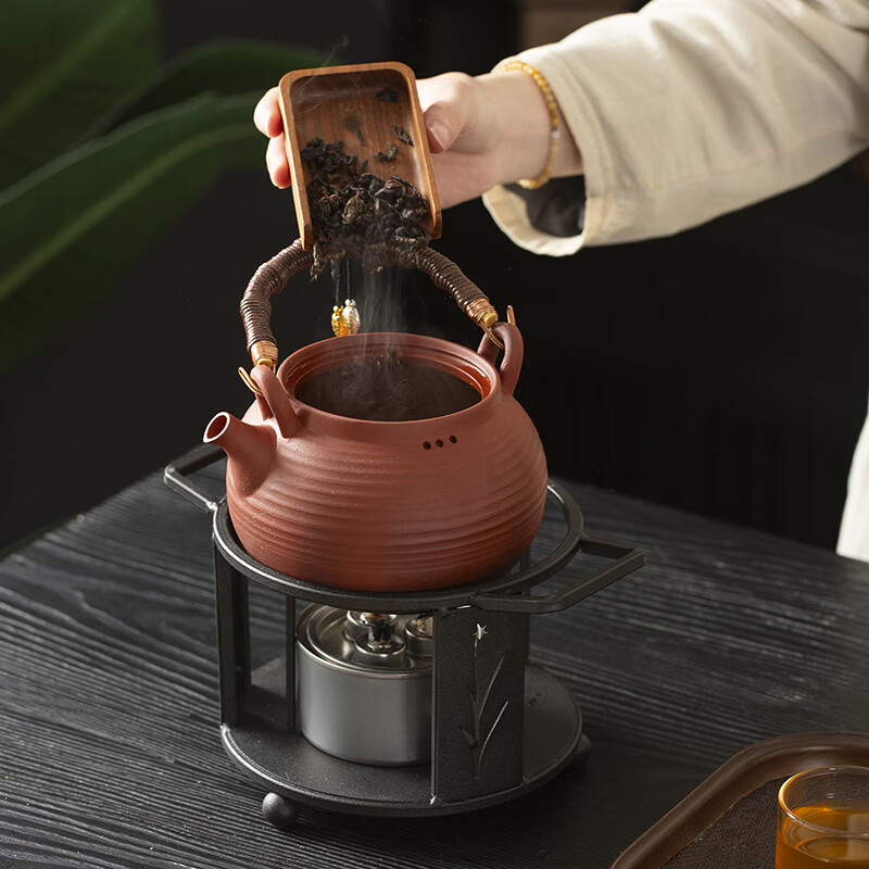 澳古原矿红泥养生烧水煮茶壶提梁壶中式简易户外铁艺酒精植物油煮茶炉 煮茶炉+红色提梁壶 540ml 不可干烧