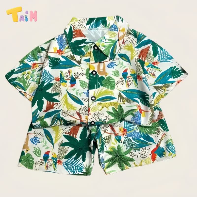 TAIM儿童套装新款韩版短袖短裤衬衫两件套海滩风宝宝衣服 衬衣套装鹦鹉树 80 cm