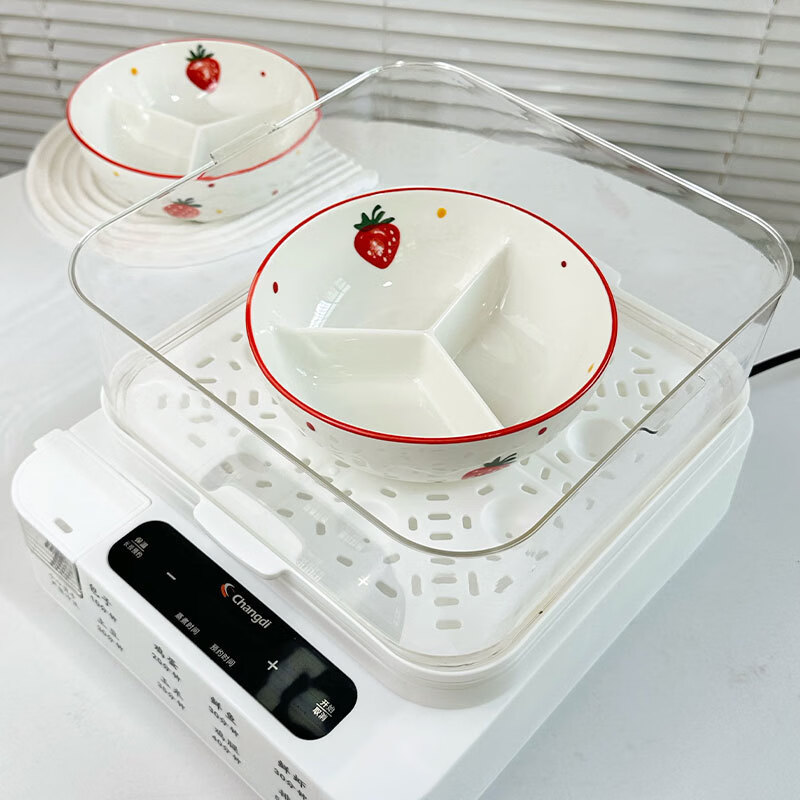 溥畔专用食品级陶瓷打饭一人食减肥餐分隔饭盒上班族自带分格蒸碗餐盘 草莓三分格/带盖/筷勺盒