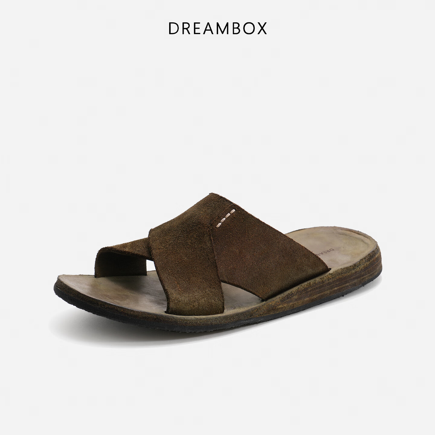 DREAMBOX钧博水洗马皮平底外穿拖鞋2026新款一字拖夏季透气拖凉鞋 橄榄绿 44 男码