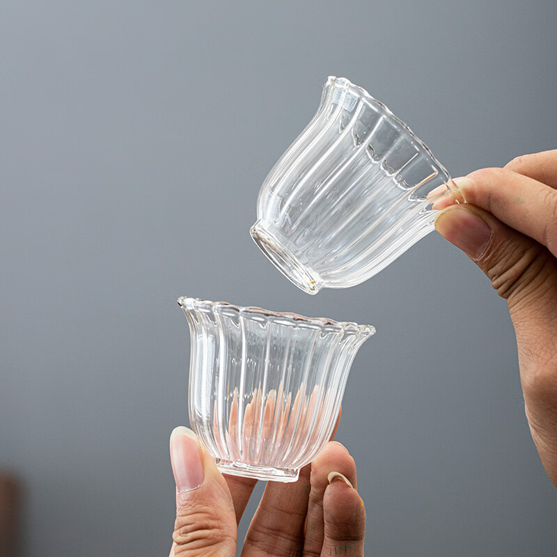 颖器玻璃品茶杯耐热品茗杯功夫茶具配件小杯子加厚透明单杯茶碗主人杯 玻璃花瓣杯【6只装】