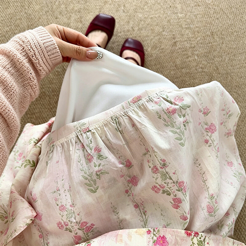 浪莎碎花半身裙女夏季新款高腰慵懒风压褶显瘦a字伞裙小个子蛋糕裙子 粉白色 【双层防走光】 S 【建议80-95斤】