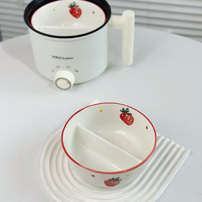溥畔专用食品级陶瓷打饭一人食减肥餐分隔饭盒上班族自带分格蒸碗餐盘 草莓三分格/带盖/筷勺盒
