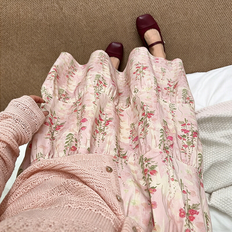 浪莎碎花半身裙女夏季新款高腰慵懒风压褶显瘦a字伞裙小个子蛋糕裙子 粉白色 【双层防走光】 S 【建议80-95斤】