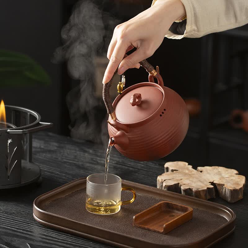 澳古原矿红泥养生烧水煮茶壶提梁壶中式简易户外铁艺酒精植物油煮茶炉 煮茶炉+红色提梁壶 540ml 不可干烧