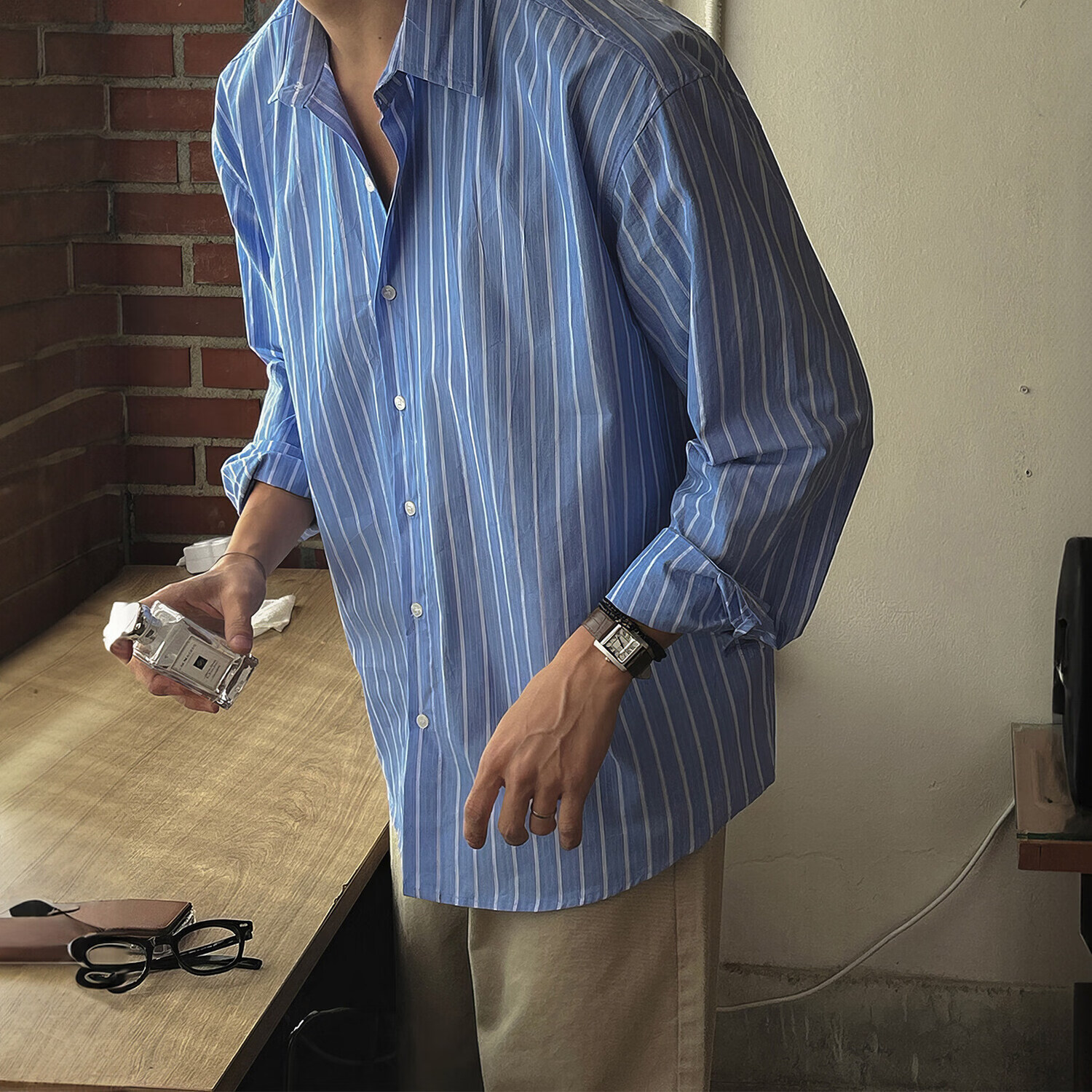 我是大卫防晒衬衫男轻熟风薄款条纹长袖上衣翻领宽松透气通勤衬衣外套夏 蓝色条纹 L
