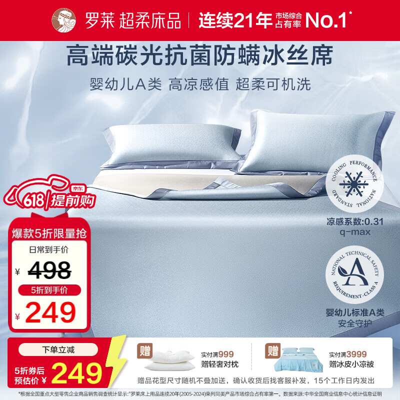 罗莱家纺 A类冰丝席【可机洗】抗菌防螨凉席床笠款三件套蓝180*200*30