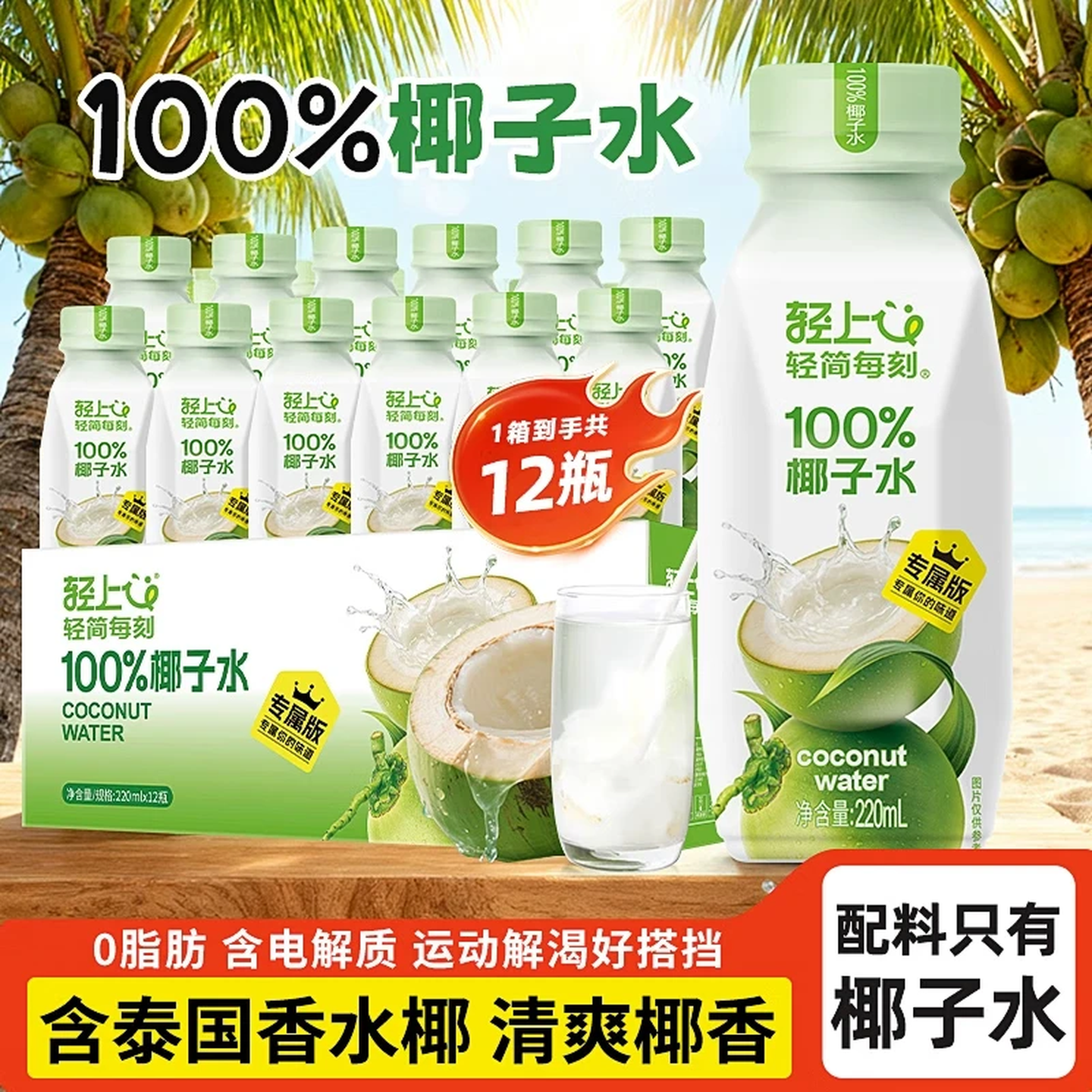 轻上100%椰子水饮品东南亚进口青椰椰子椰子汁 椰子水220ml12瓶