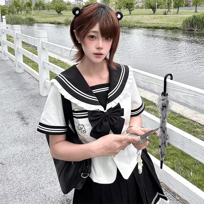川奈香【月白序】水手服正版原创jk制服短袖学院风百褶裙制服套装 白色款上衣+裙子+黑领结一套 外宋小物 M 90-100斤