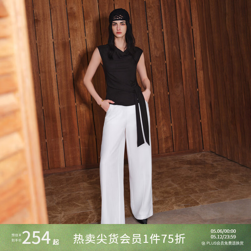 自巧小个子天丝亚麻蕾丝拼接白色休闲裤女2026春夏新款直筒拖地裤 雅白色 S （尺码：3）
