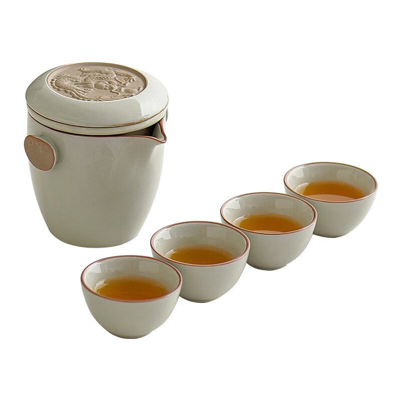 溥畔汝窑旅行茶具套装便携式快客杯户外露营泡茶壶功夫茶杯一人饮茶具 米黄汝窑小菊朵手抓壶单壶