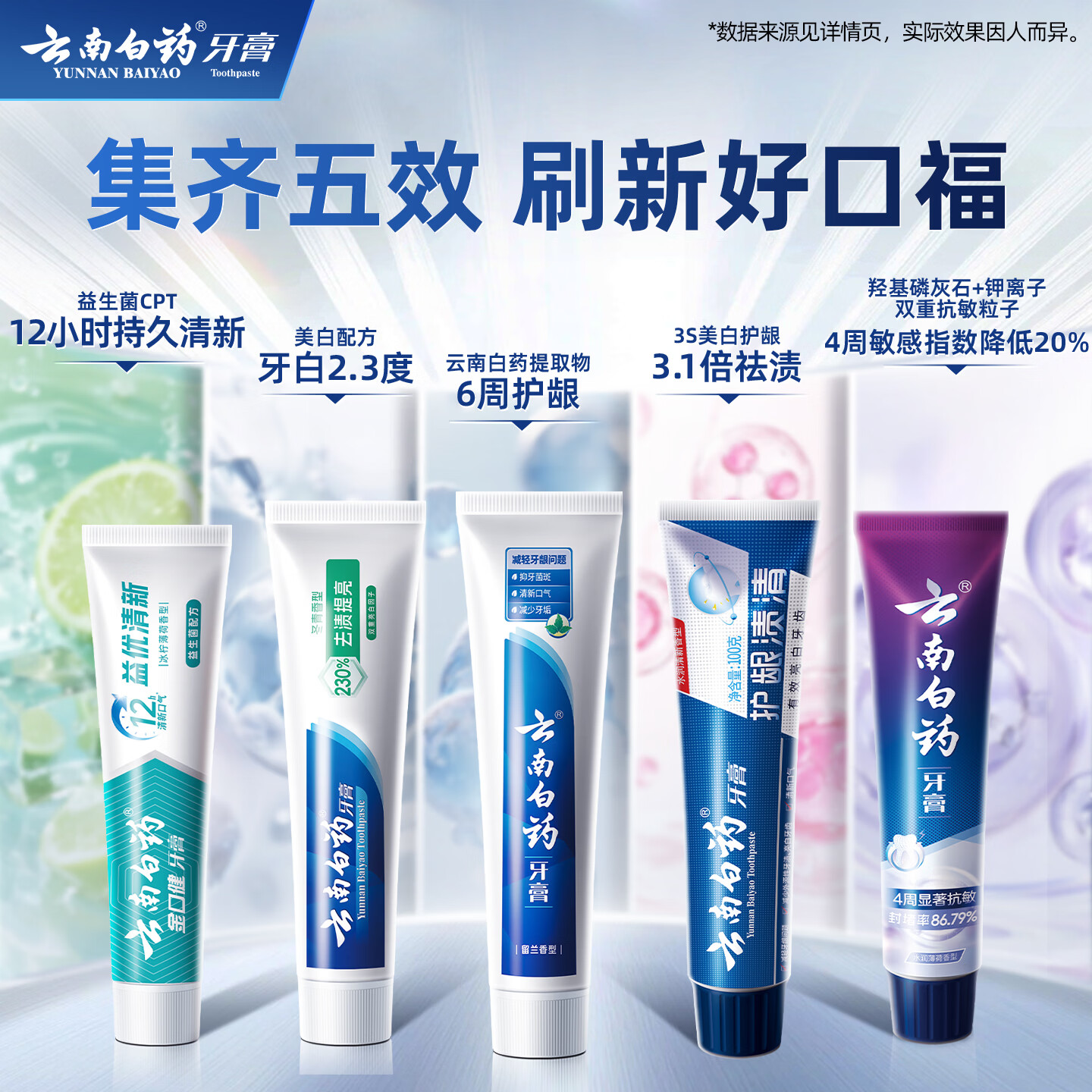 云南白药牙膏护龈亮白清新口气抗敏去渍牙膏家庭组合装  【五福套装】 100g*5支