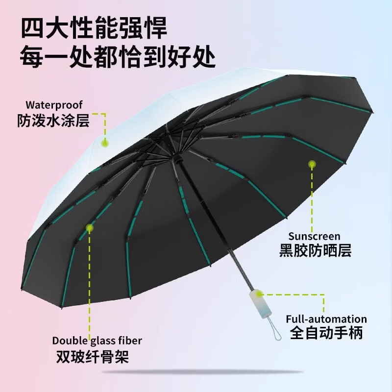 雨伞高颜值渐变自动防晒紫外线太阳伞折叠三人加大遮阳伞晴雨两用 【渐变/加大/黑胶晴雨】60骨全自动豆沙绿