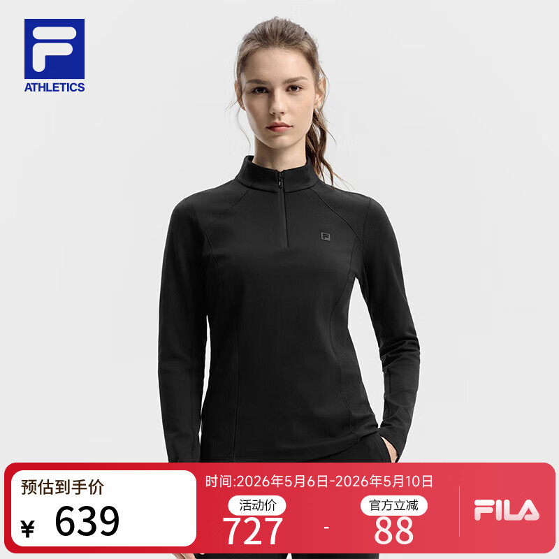 FILA 斐乐官方女子针织长袖衫2025冬季新款健身运动加绒基础上衣 深黑-BK S 160/80A/S