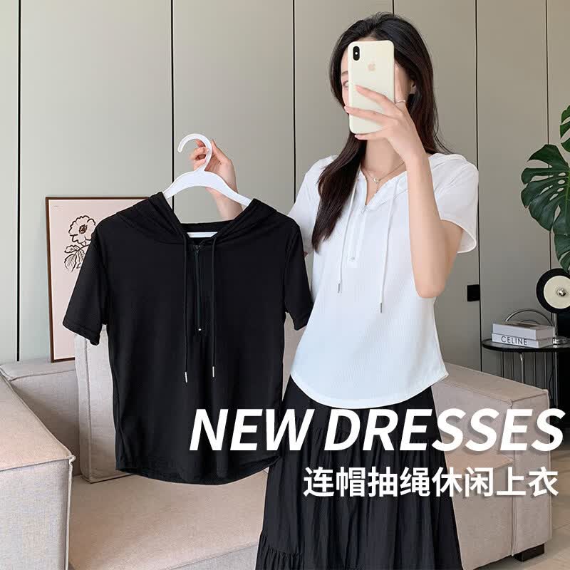 CKRYZ冰丝连帽拉链短袖女2026新款设计感夏款上衣女T恤衫短款修身卫衣 白色 L 推荐【95-110斤】