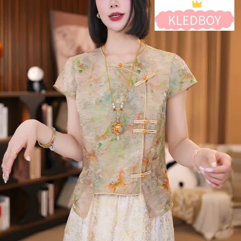 KLEDBOY新中式女装香云纱上衣短袖2026夏季新款国风盘扣小衫改良唐装衬衫 花色 3XL 建议130145斤