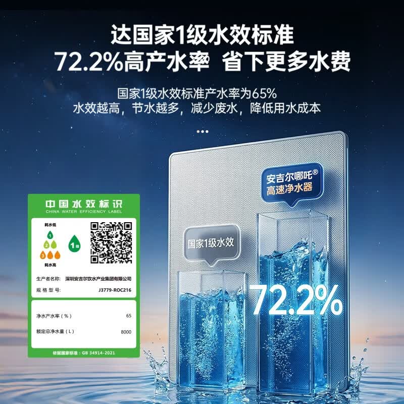 安吉尔净水器家用直饮 洗涤水6.3L/min 8年长效RO膜反渗透 航天净水科技 哪吒高速1200G全厨大水量净水机 【延迟发货专属】哪吒高速版1200G