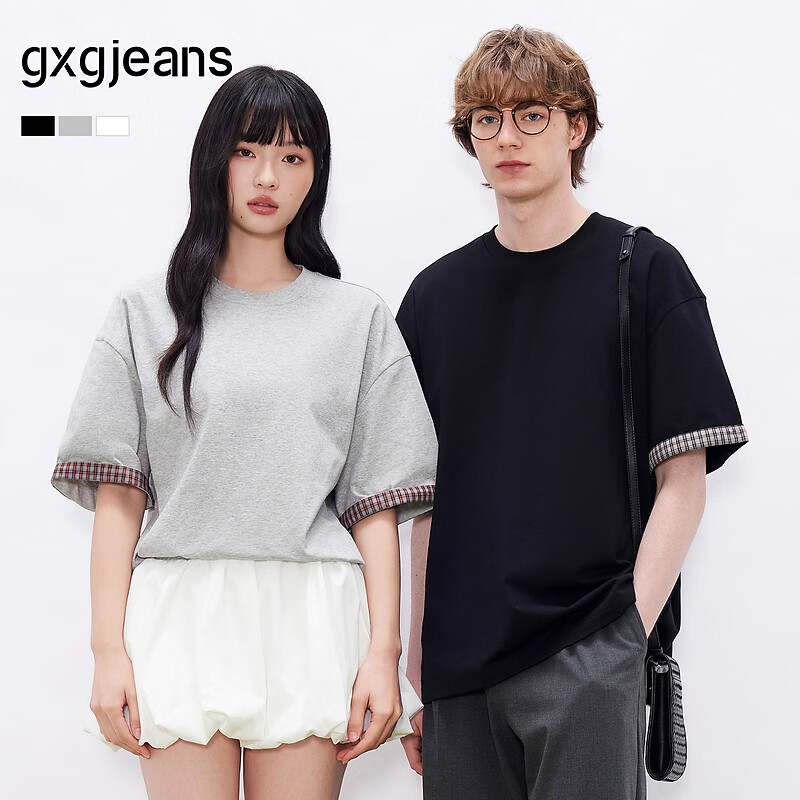 gxgjeans男装 格纹袖口拼接美式宽松圆领短袖T恤男生26夏新品 黑色 L (175)