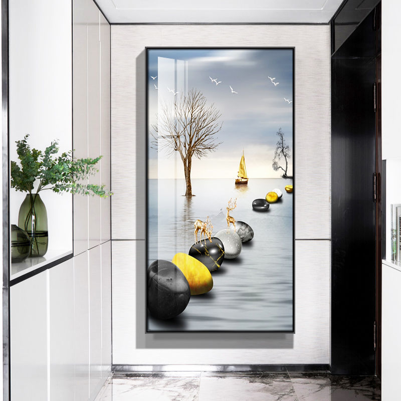 现代简约入户玄关鹿轻奢走廊竖版挂画客厅过道晶瓷镶钻壁画 xg2037