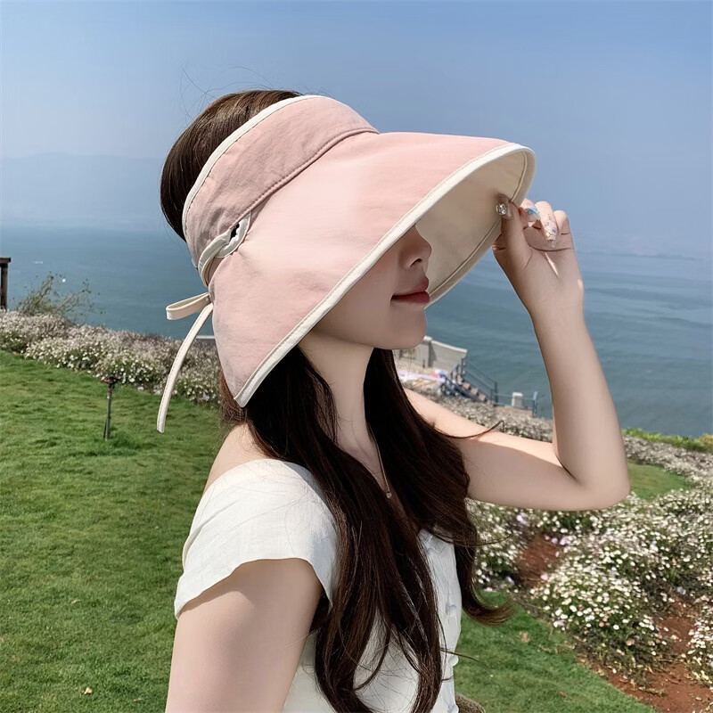 有只绵夏新款帽女显脸小户外防晒遮阳帽韩版百搭遮脸双面太阳帽子 卡其色 穿绳双面空顶 头围56-58cm-帽檐长12CM
