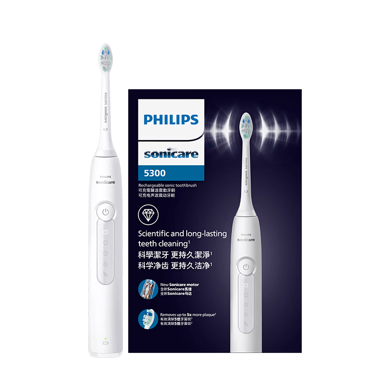 飞利浦（PHILIPS）声波电动牙刷钻石3系 5倍洁齿5种模式 刷头*2【亮白+洁净】生日礼物 母亲节礼物 HX5181/01  白