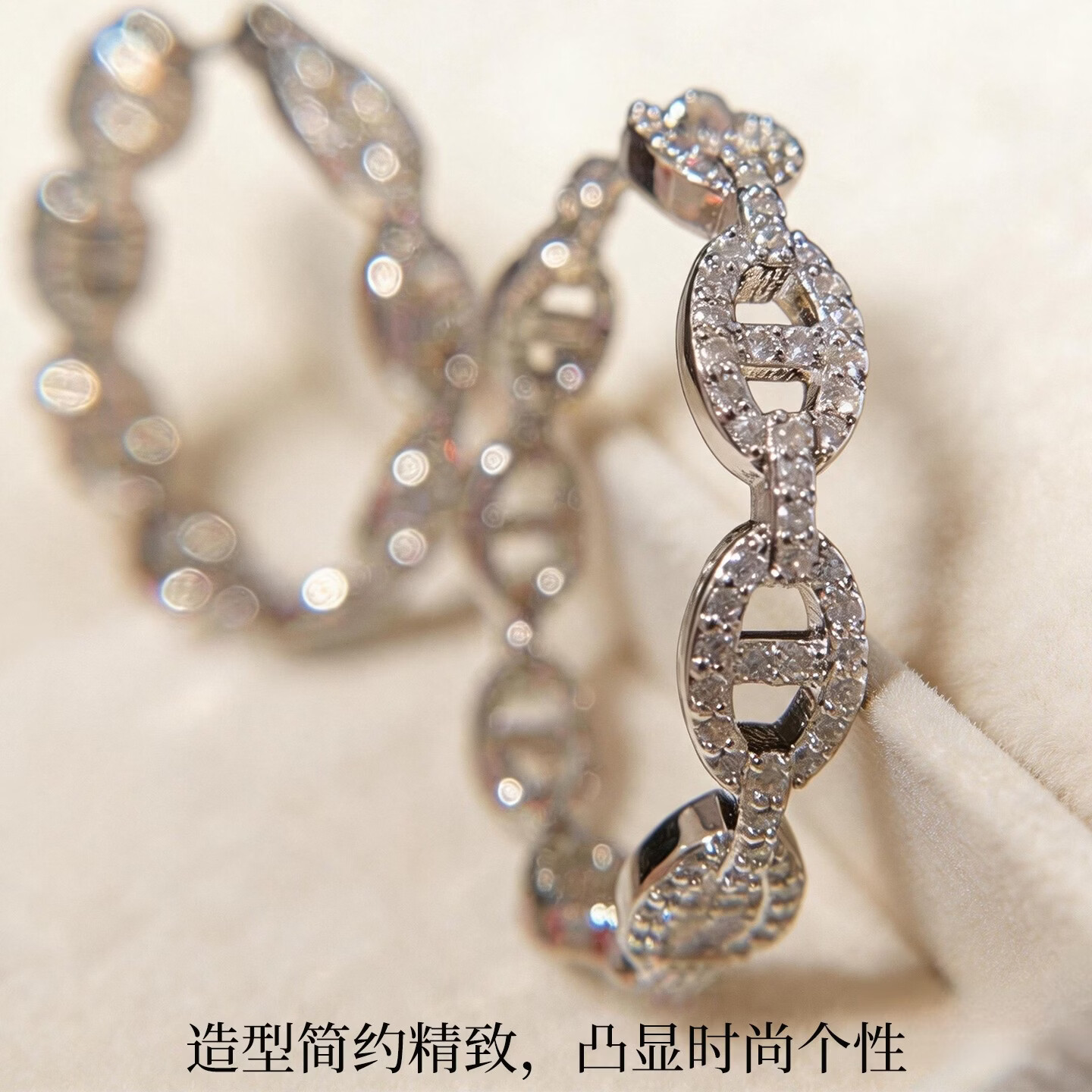 KRISTEN JUDI轻奢高级感大耳圈圈耳环女银针猪鼻子满钻夸张银色圆脸显脸小耳饰 实用生日礼物送女友老婆闺蜜