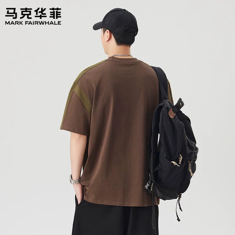 马克华菲(MARK FAIRWHALE)美式拼接纯棉短袖T恤男2026夏季百搭时尚透气休闲半袖衫上衣服装 白色 【纯棉】 3XL 【建议180-200斤】