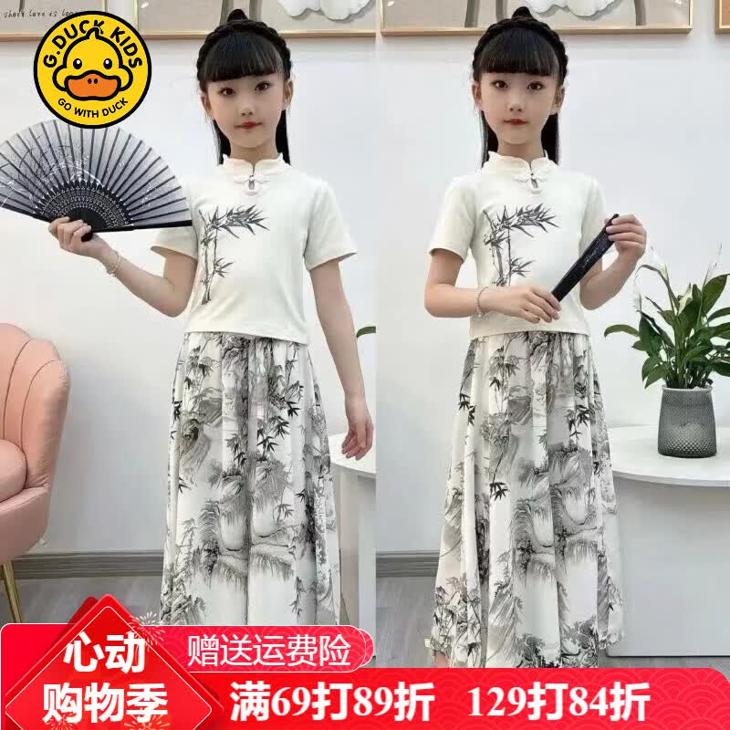 G.duck女童夏装t恤儿童套装2025新款夏季国风汉服中式短袖童装女衣服 女孩夏天半袖上衣+裙裤子 140 cm