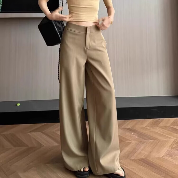 YOUNVFR美式慵懒风设计感西装裤女春夏时尚松弛感低腰拖地裤阔腿裤休闲裤 卡其色 L