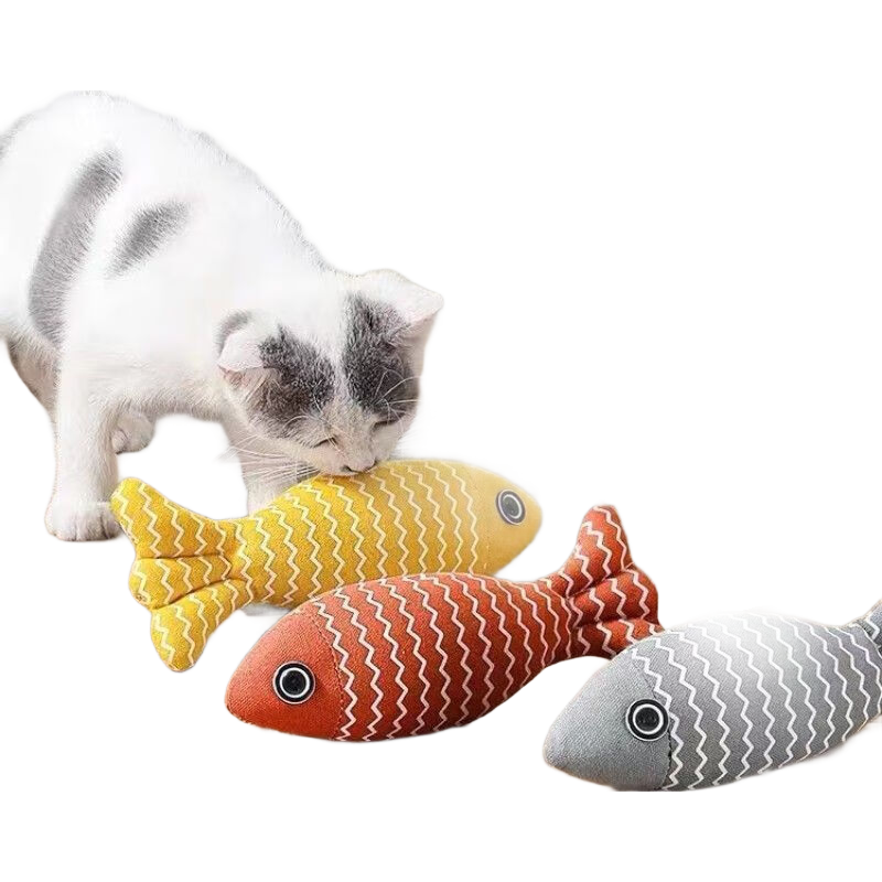 新款猫玩具自嗨解闷猫薄荷鱼麻布仿真鱼幼猫磨牙耐咬耐用猫咪玩具 薄荷波浪鱼 黄色（20*7）cm