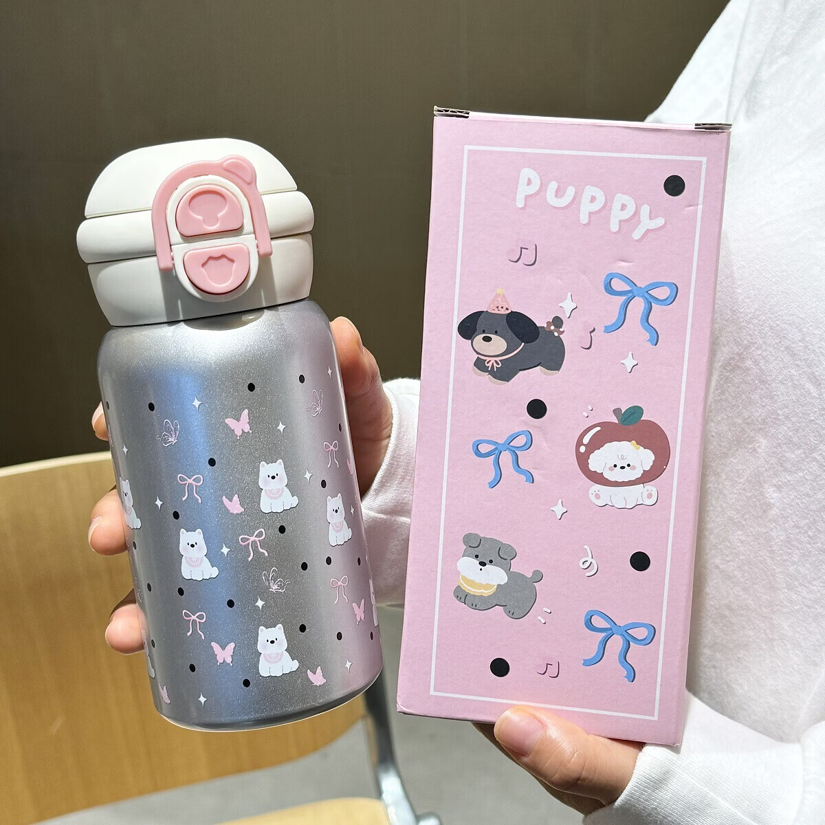 溥畔双饮水杯女高颜值可爱学生便携不锈钢吸管子 西高地双饮杯+白色500ML(PC款)