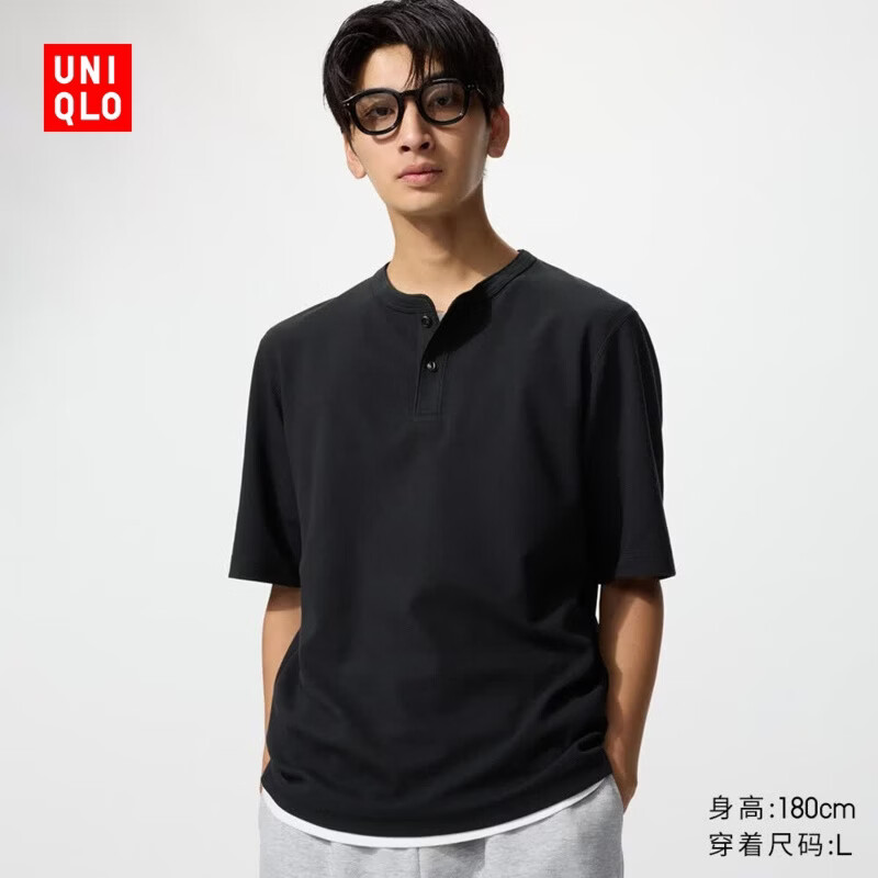 优衣库男装女装快干华夫格亨利领T恤/短袖483924 475361 483924/09黑色 L