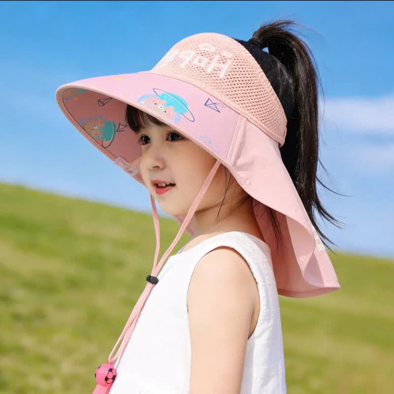 G.duck小黄鸭儿童防晒帽男女童夏季大檐遮阳帽女孩可扎马尾透气户外空顶 星球-粉色 3-13岁帽围48-56cm可调节