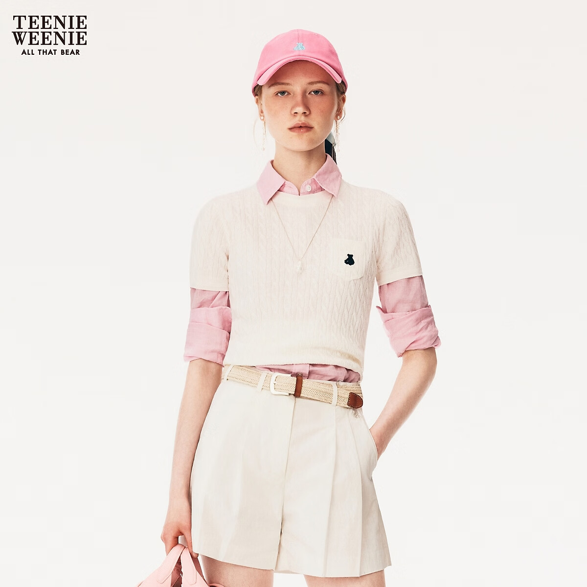 Teenie Weenie【张艺凡同款】小熊针织衫女26年夏新款舒适宽松绞花圆领短袖毛衣 白色 M