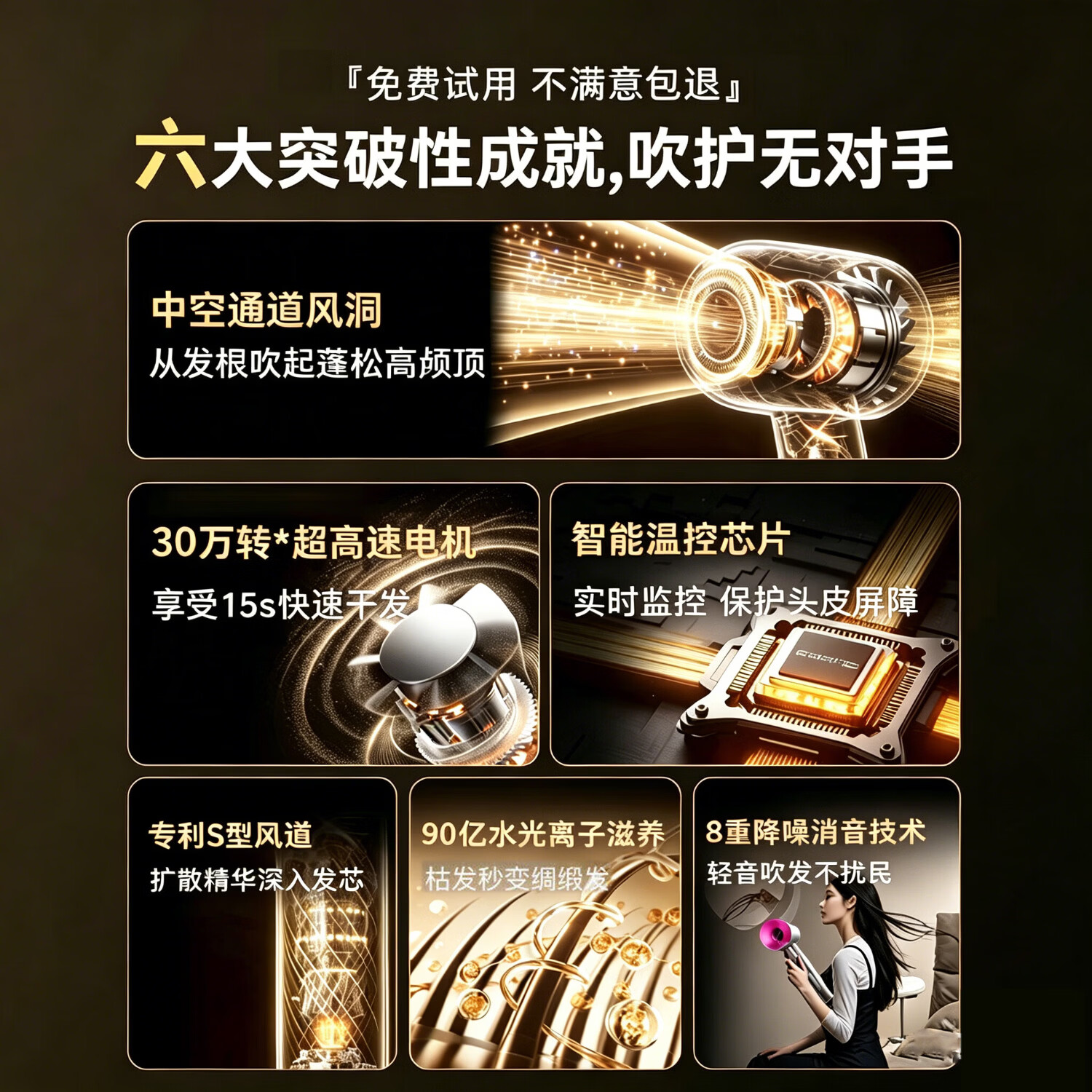 戴森德乐德国高速无叶吹风机家用静音负离子大功率不伤发电吹风机 大风力速干护发风筒 滋养发丝母亲节礼物 玫红色-磁吸单风嘴【90亿水润离子 | 超护发速干】 【线长1.7米】新款至尊顶配版 | 礼盒装