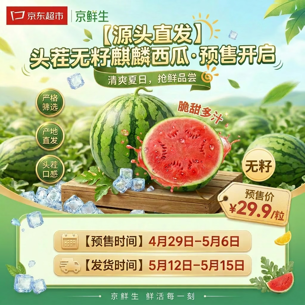 京鲜生无籽麒麟西瓜 净重7-9斤 1粒 生鲜水果源头直发