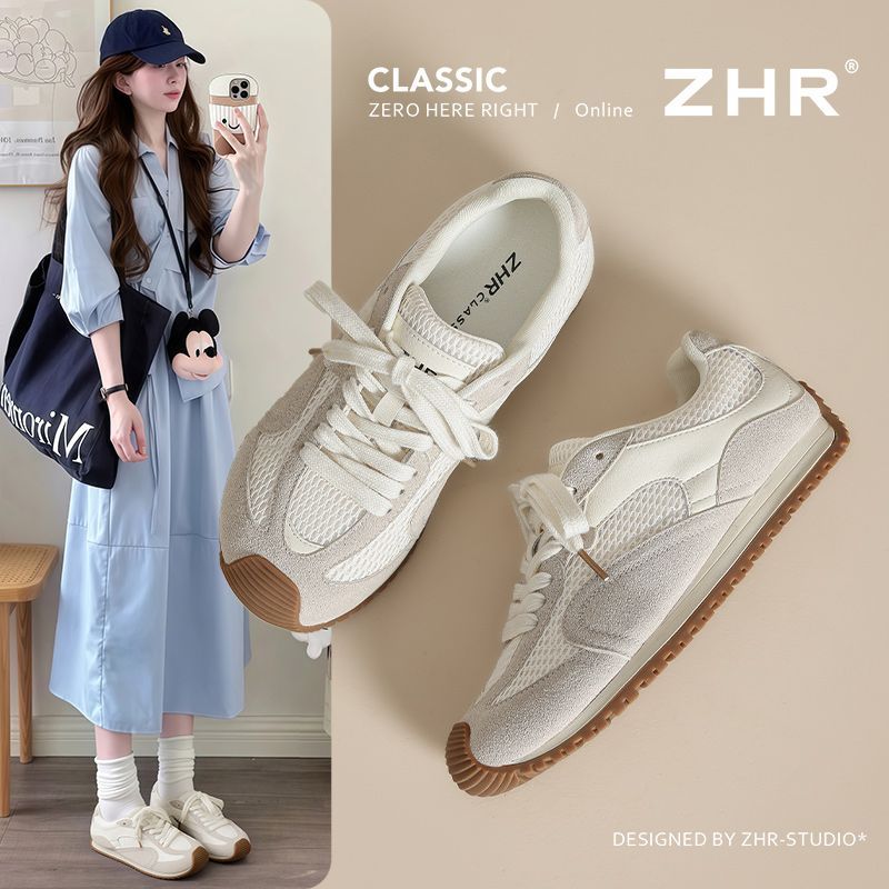 ZHR则则复古内增高阿甘鞋平底德训鞋女春秋新款小白鞋百搭运动休闲鞋 米色 38