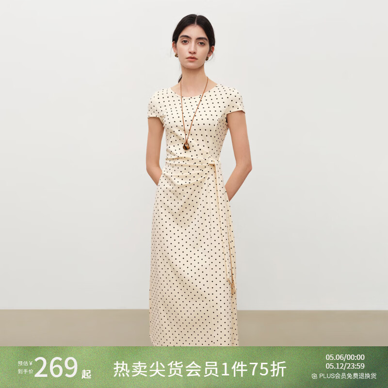 自巧小个子蓝色掐腰收褶中长款连衣裙女圆领短袖2026夏季新款裙子 白底黑点 M （尺码：4）
