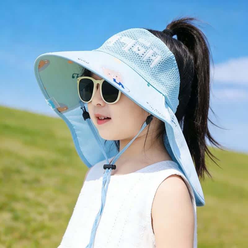 G.duck小黄鸭儿童防晒帽男女童夏季大檐遮阳帽女孩可扎马尾透气户外空顶 星球-粉色 3-13岁帽围48-56cm可调节