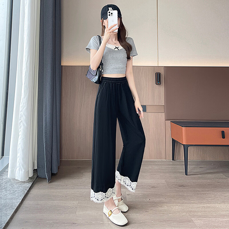 CKRYZ蕾丝花边阔腿裤女2026夏季高腰显瘦直筒九分女裤小个子天丝牛仔裤 深蓝色 M 推荐(100-115斤)