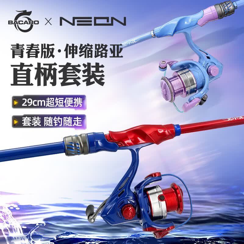 百卡龙儿童便携伸缩路亚鱼竿套装超短碳素轻量鱼竿新手入门纺车轮路亚杆 1.65米 紫澜