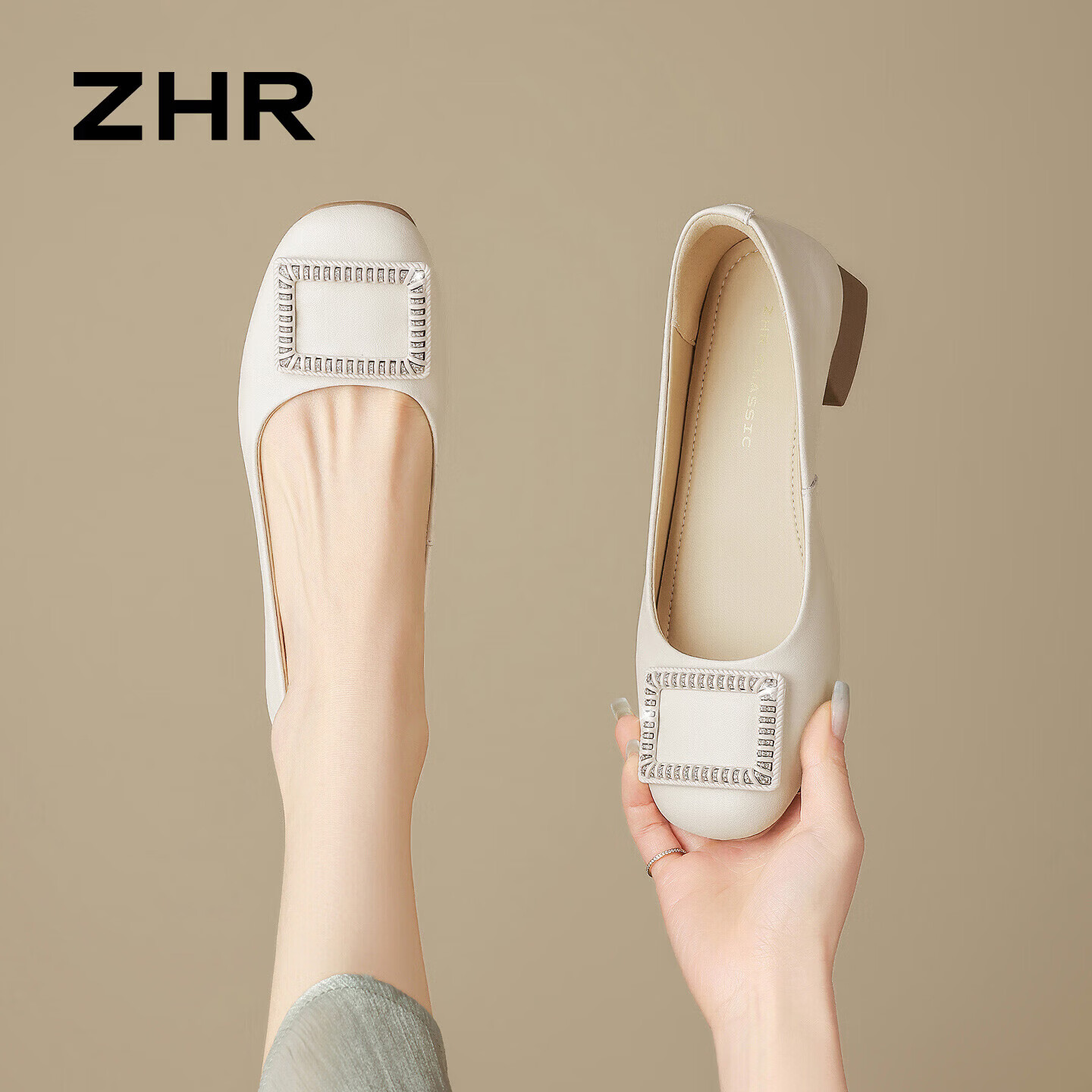 ZHR则则单鞋女2026春夏粗跟法式气质方扣皮鞋粗跟一脚蹬女鞋 AH919米色35