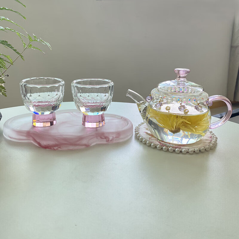 迦图鲮耐热玻璃茶壶功夫茶具绿茶泡茶壶煮茶器过滤防爆烧水壶家用花茶壶 粉把小茶壶 300ML