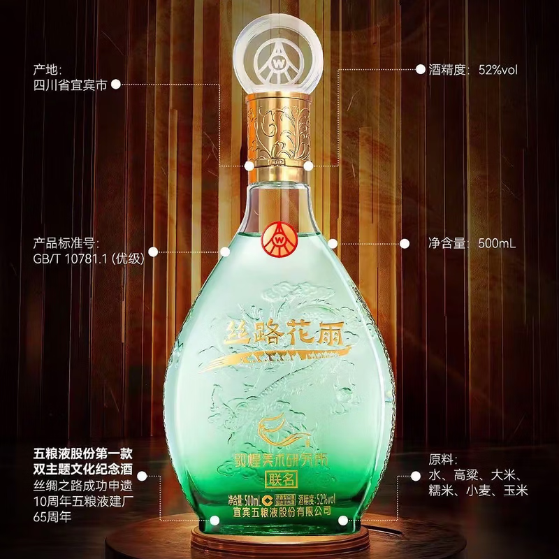 五粮浓香总厂出品 丝路花雨敦煌美术研究所联名 浓香型白酒 高端宴请送 52度 500mL 6瓶 五粮液丝路花雨整箱装