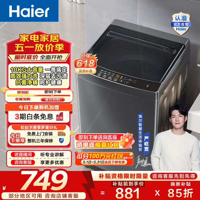 海尔（Haier）波轮洗衣机全自动家用租房10公斤大容量懒人去渍洗自编程一体上盖 家电补贴以旧换新EB100Z33Mate1 波轮