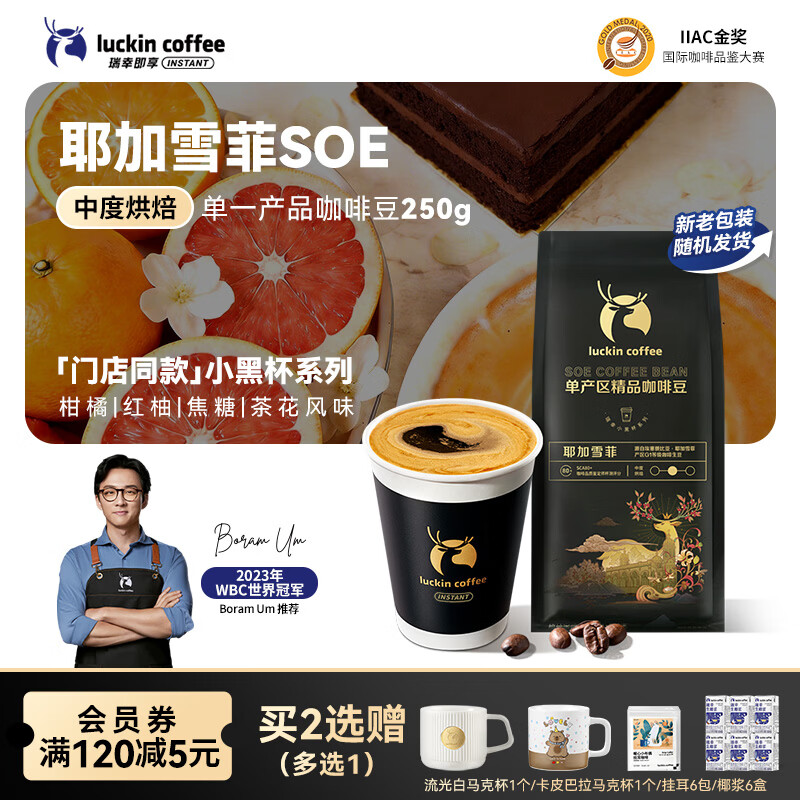 瑞幸咖啡咖啡豆 SOE耶加雪菲咖啡豆250克/袋 中烘门店同源小黑杯精品生豆