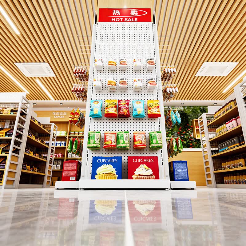 桉柄展架超市食品货架多层展示架洞洞板带挂钩置物架落地式便利店靠墙收纳 白色3层40*20*170cm【加厚碳钢】